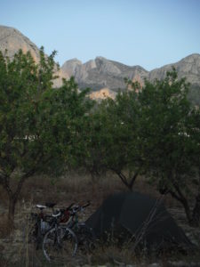 Night camp in an almond plantation, at the bottom of the mountains near Polop